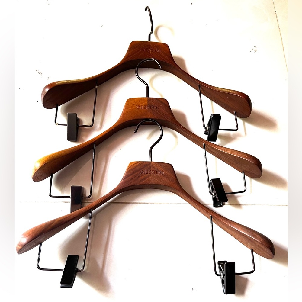 Valentino Brown Wooden Hangers with Metal Clips - Set of Three (3)
